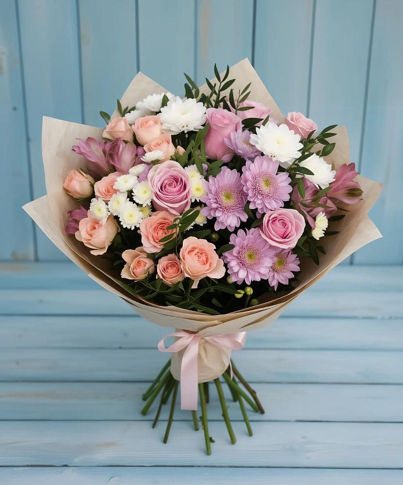 Букет цветов из: Хризантемы, Розы и Альстромерии в Цибино