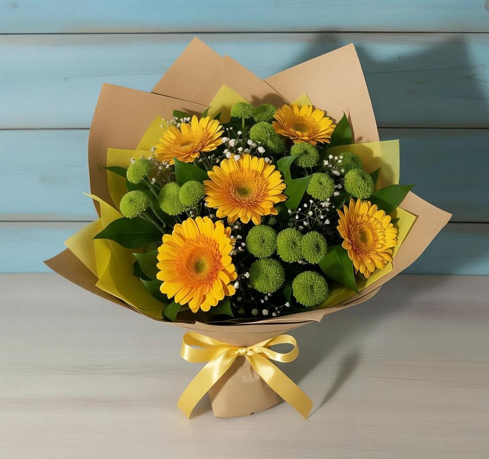 Букет цветов из: Герберы и Хризантемы в Цибино